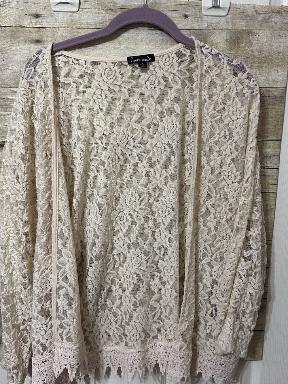 Haute Monde Lace Open-Front Cardigan in cream.